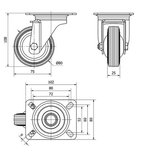 R.GIR.PLACA 120-080-1 CP METALICO-GOMA NEGRA EJE RODILLOS