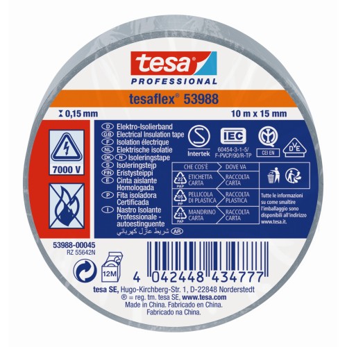 tesa 53988 Cinta Aislante Homologada 10m x 15mm Gris