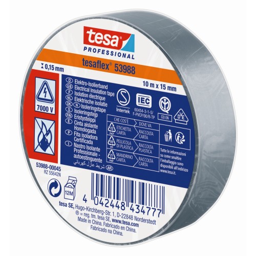 tesa 53988 Cinta Aislante Homologada 10m x 15mm Gris