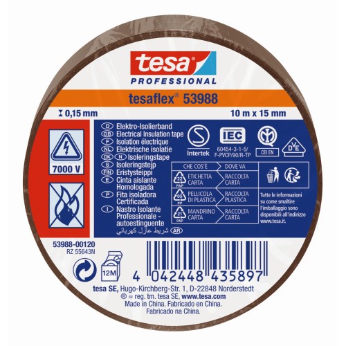 tesa 53988 Cinta Aislante Homologada 10m x 15mm Marrón