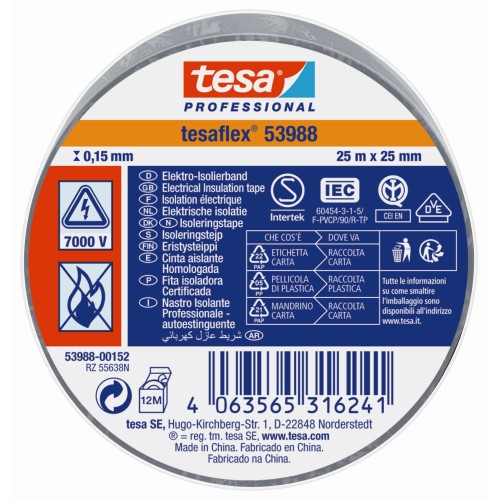 tesa 53988 Cinta Aislante Homologada 25m x 25mm Gris