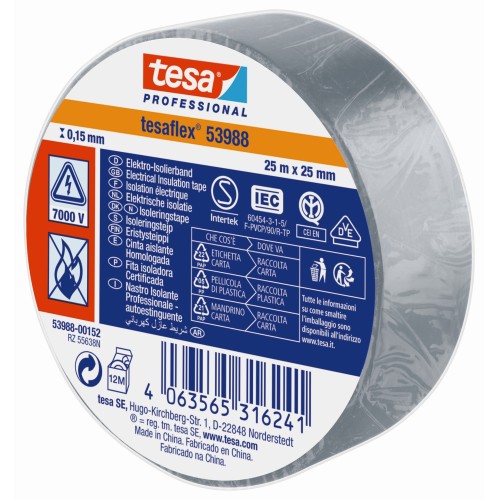 tesa 53988 Cinta Aislante Homologada 25m x 25mm Gris