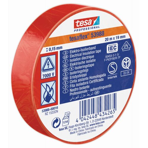 tesa 53988 Cinta Aislante Homologada 20m x 19mm Rojo