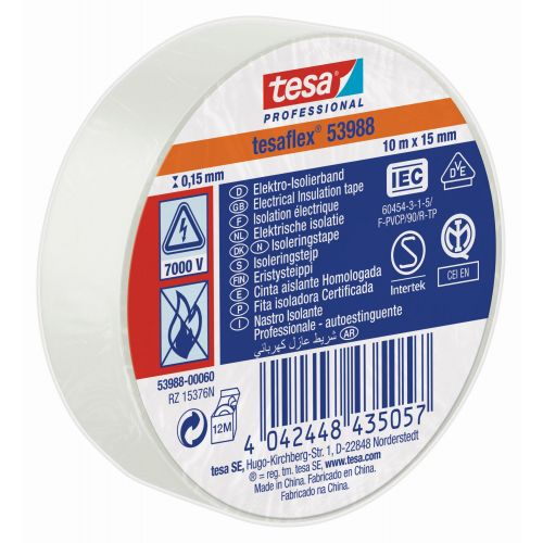 tesa 53988 Cinta Aislante Homologada 10m x 15mm Blanco