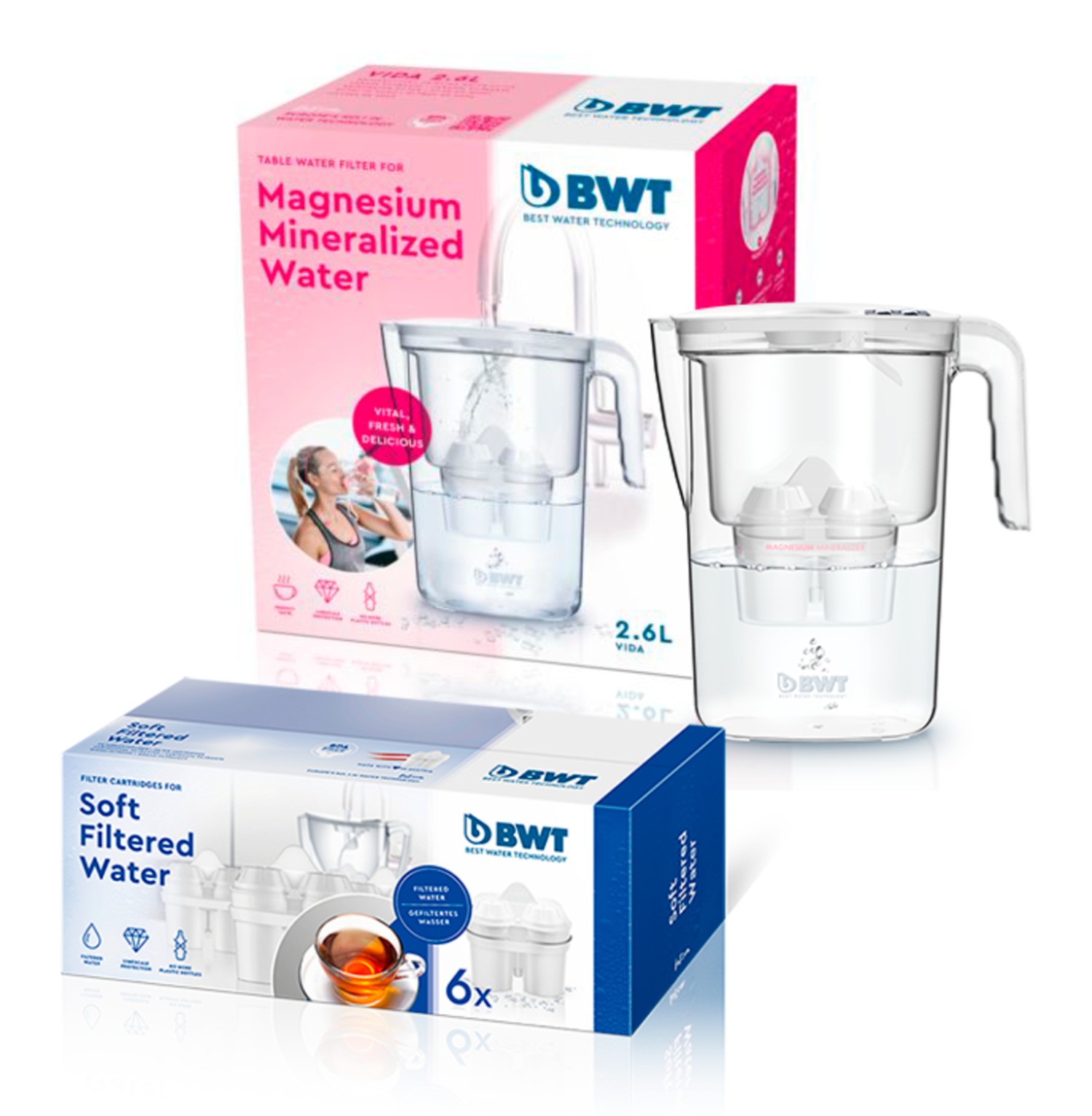 BWT BWT Vida Manual, Jarra 2,6 litros Filtradora de Agua con Magnesio +  Pack 12 filtros, Blanca