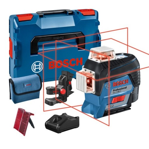 Bosch Professional Sistema 12V Nivel Láser GLL 3-80 C (1 batería 12V + cargador, láser rojo, interior, conexión Bluetooth, alcance hasta 30 m, soporte universal BM1, en L-BOXX)