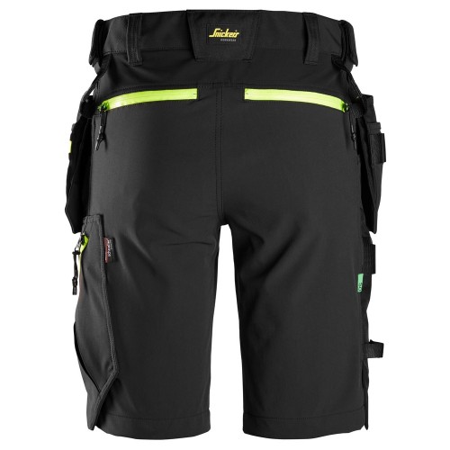 6140 Pantalones cortos de trabajo elásticos FlexiWork Softshell con bolsillos flotantes negro/ amarillo neon