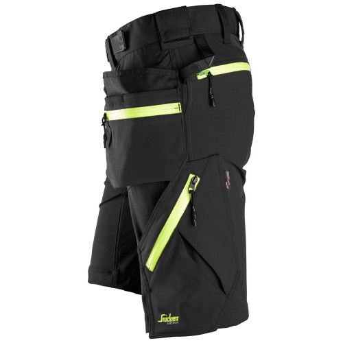 6140 Pantalones cortos de trabajo elásticos FlexiWork Softshell con bolsillos flotantes negro/ amarillo neon