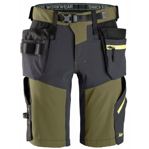 6140 Pantalones cortos de trabajo elásticos Softshell con bolsillos flotantes FlexiWork verde khaki-gris acero talla 50