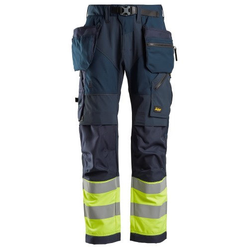 6931 Pantalones largos de trabajo de alta visibilidad clase 1 con bolsillos flotantes FlexiWork azul marino-amarillo talla 156