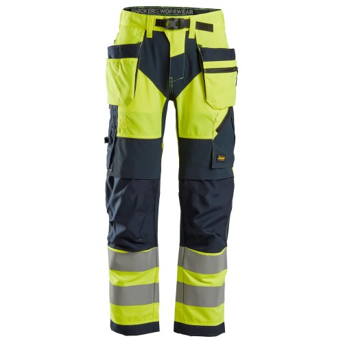 6932 Pantalones largos de trabajo de alta visibilidad clase 2 con bolsillos flotantes FlexiWork amarillo-azul marino talla 258