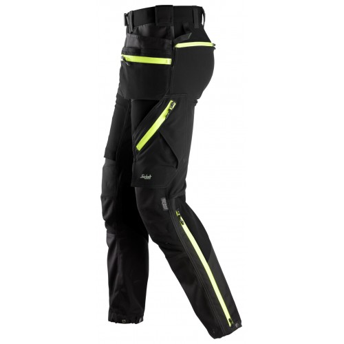 6940 Pantalones largos de trabajo elásticos FlexiWork Softshell Slim Fit bolsillos flotantes negro/ amarillo neón