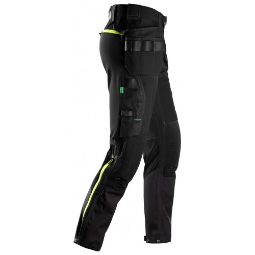 6940 Pantalones largos de trabajo elásticos FlexiWork Softshell Slim Fit bolsillos flotantes negro/ amarillo neón