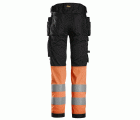 6234 Pantalones largos de trabajo elásticos de alta visibilidad clase 1 con bolsillos flotantes negro-naranja