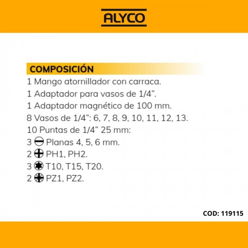 Juego De Destornillador De Carraca Con Diferentes Vasos Y Puntas ALYCO