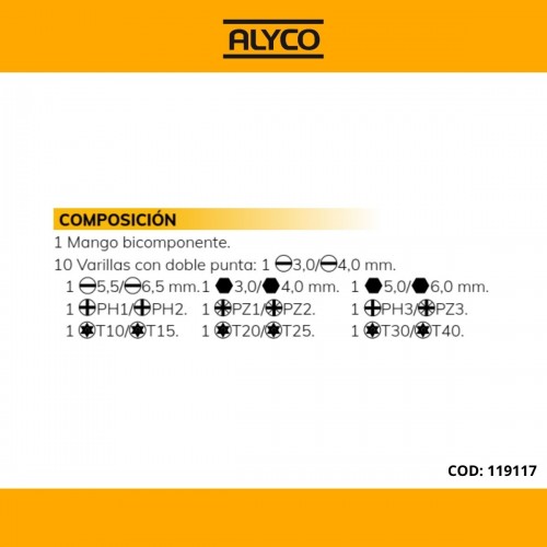 Juego De 20 Destornilladores Con Varilla Intercambiable Y Mango Bimaterial En Bolsa De Nylon ALYCO 