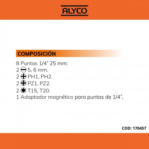 Juego 9 Piezas De Puntas Y Adaptador Magnético ALYCO ORANGE