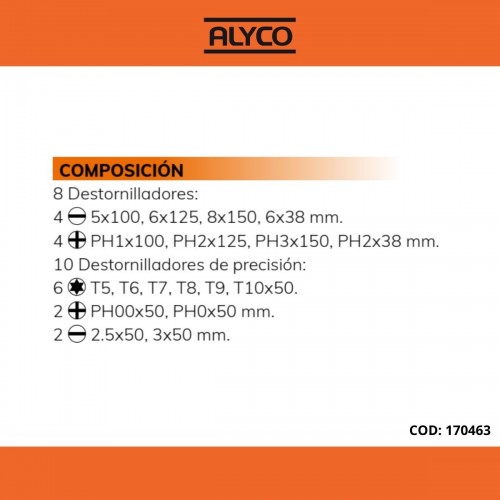 Juego Combinado De Destornilladores 18 Piezas En Soporte Plástico ALYCO ORANGE