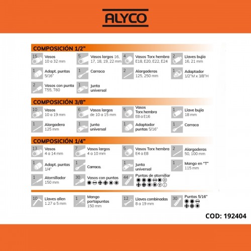 Jogo de caixas e acessórios 18 peças de 3/4” caixa metálica ALYCO, Produtos