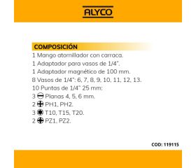 Juego De Destornillador De Carraca Con Diferentes Vasos Y Puntas ALYCO