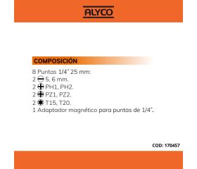 Juego 9 Piezas De Puntas Y Adaptador Magnético ALYCO ORANGE