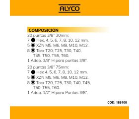 Juego de 40 puntas de 3/8” y dos adaptadores en caja metálica Alyco