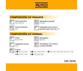 Juego de 47 piezas con llaves de vaso pasantes y normales de 1/4'', carraca pasante de 72 dientes y diferentes accesorios Alyco