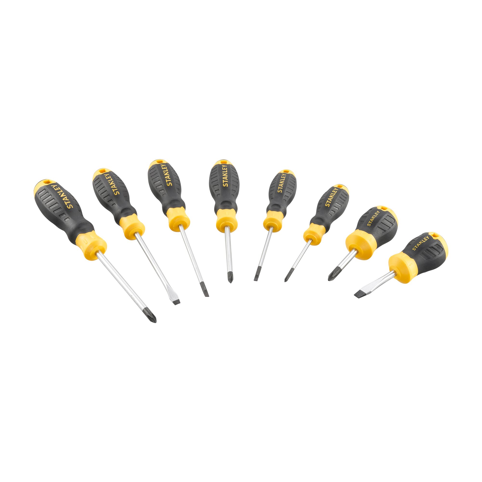 JUEGO DE 8 DESTORNILLADORES CUSHIONGRIP, 4 PLANOS ESTANDAR Y 4 PHILLIPS.  MARCA STANLEY