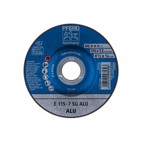 Disco de desbaste E 115x7,2x22,23 mm línea alto rendimiento SG ALU para aluminio