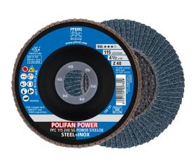 Disco de láminas lijadoras POWER POLIFAN PFC 115x22,23 mm cónico Z40 SG STEELOX acero/acero inoxidable