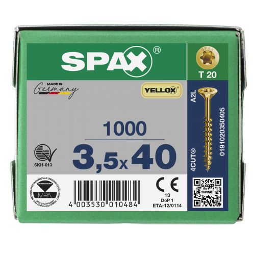 CABEZA MÚLTIPLE PLANA SPAX T-STAR PLUS T20 ROSCA PARCIAL YELLOX 1000 UD.