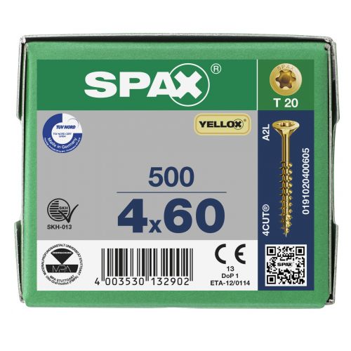 CABEZA MÚLTIPLE PLANA SPAX T-STAR PLUS T20 ROSCA PARCIAL YELLOX 500 UD.