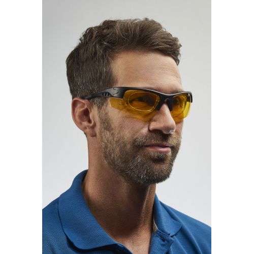 Gafas protectoras para pantalla con patillas, ahumado en amarillo, montura con sistema de clip para cristales graduados