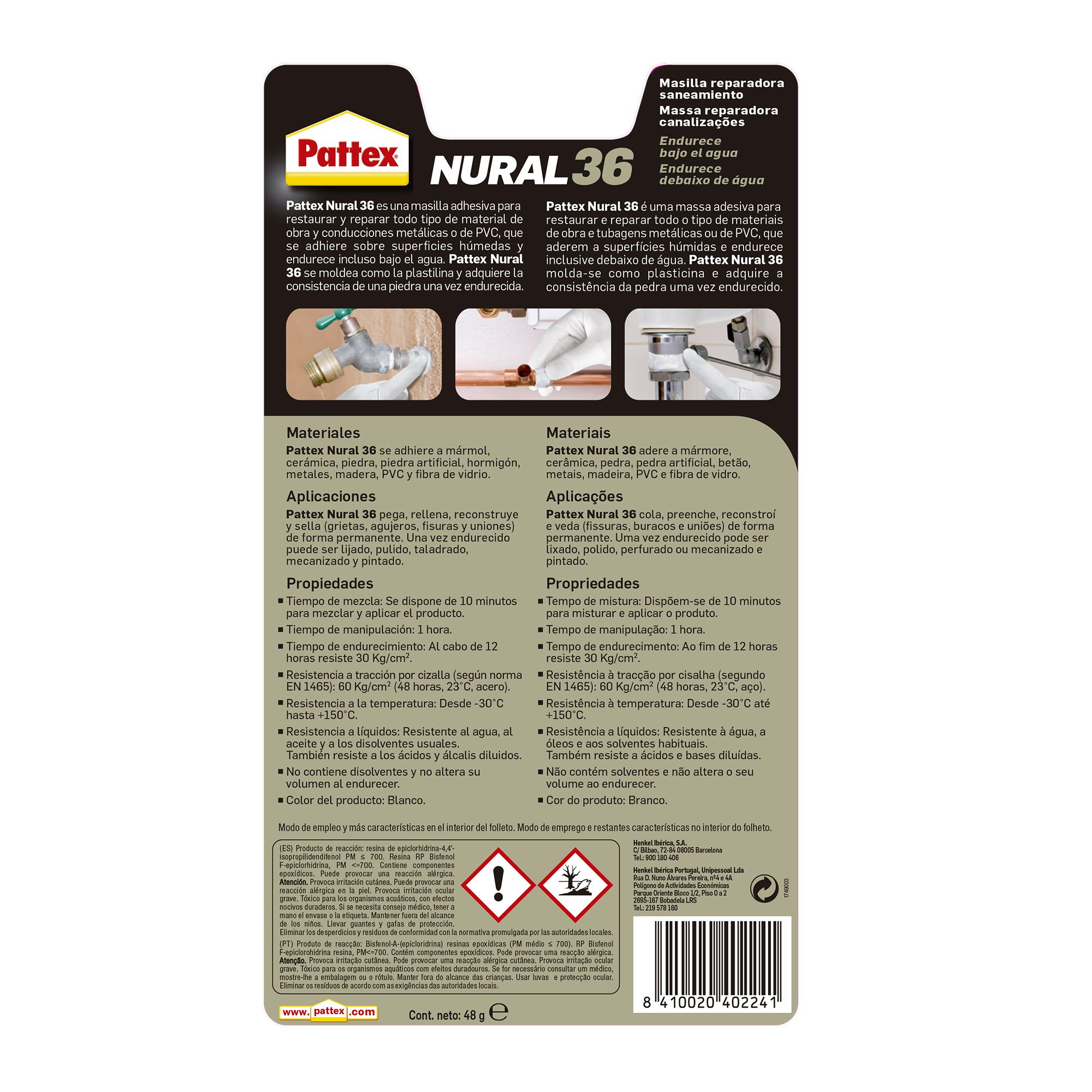 Pattex Nural 36, masilla reparadora saneamiento, sin disolventes, blanco,  48gr (14010135) (Paquete de 2) : : Bricolaje y herramientas